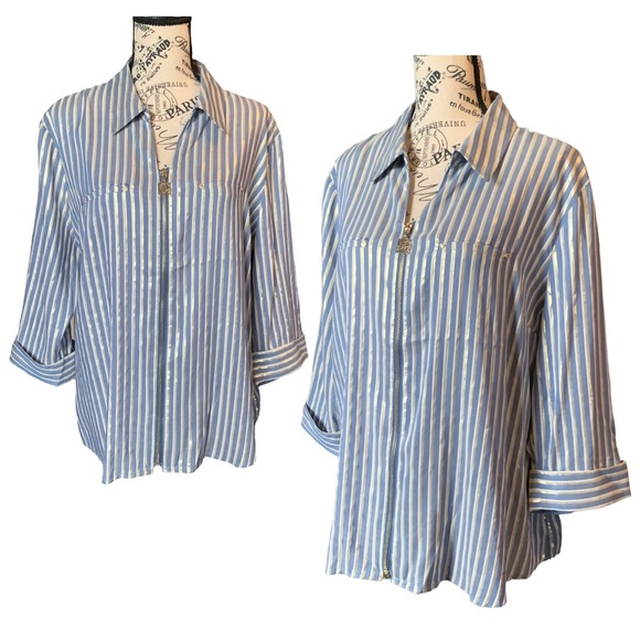 Free w/ Purchase Anne Klein Zip Up 3/4 Sleeve Blouse Blue Gray Gold Striped XL - Picture 15 of 16